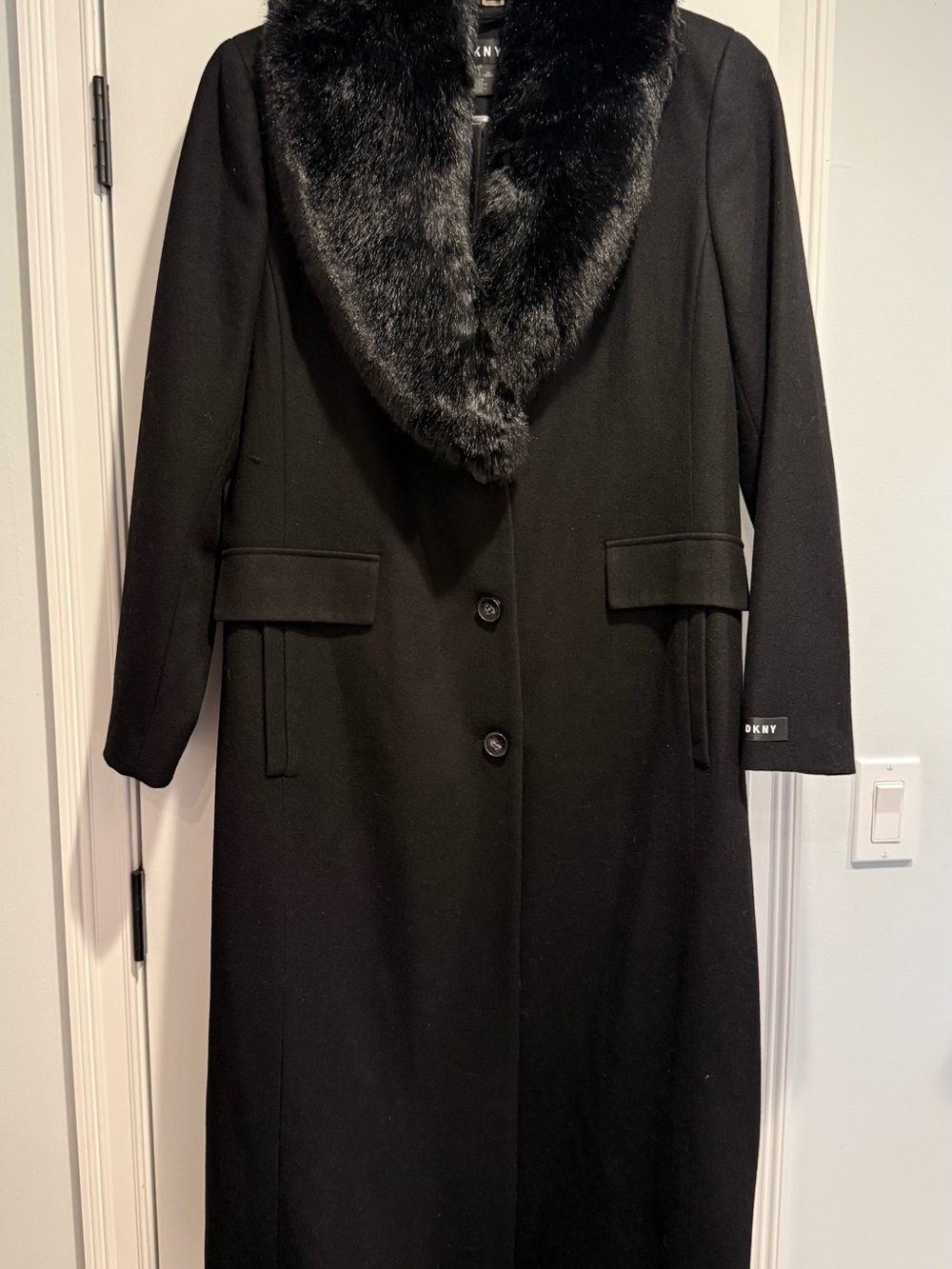 DKNY Black Wool Trench Coat with Faux Fur Shawl Collar